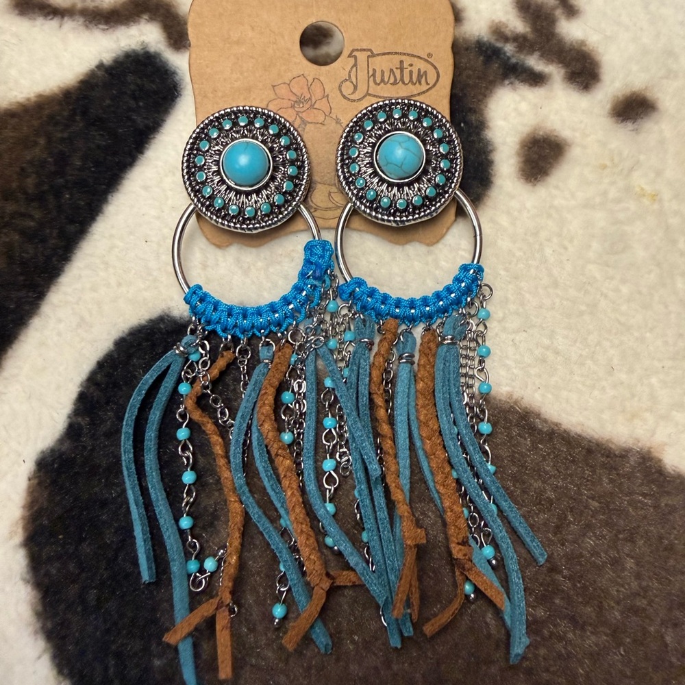 Justin Western Turquoise & Leather Fringe Statement Earrings